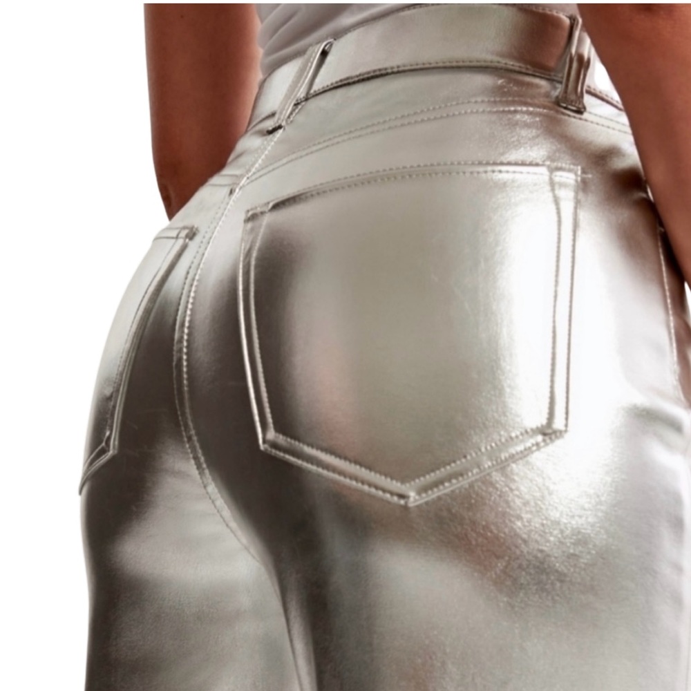 NEW 7 For All Mankind Metallic Straight Leg Faux Leather Pants Silver Size LG - Picture 9 of 11